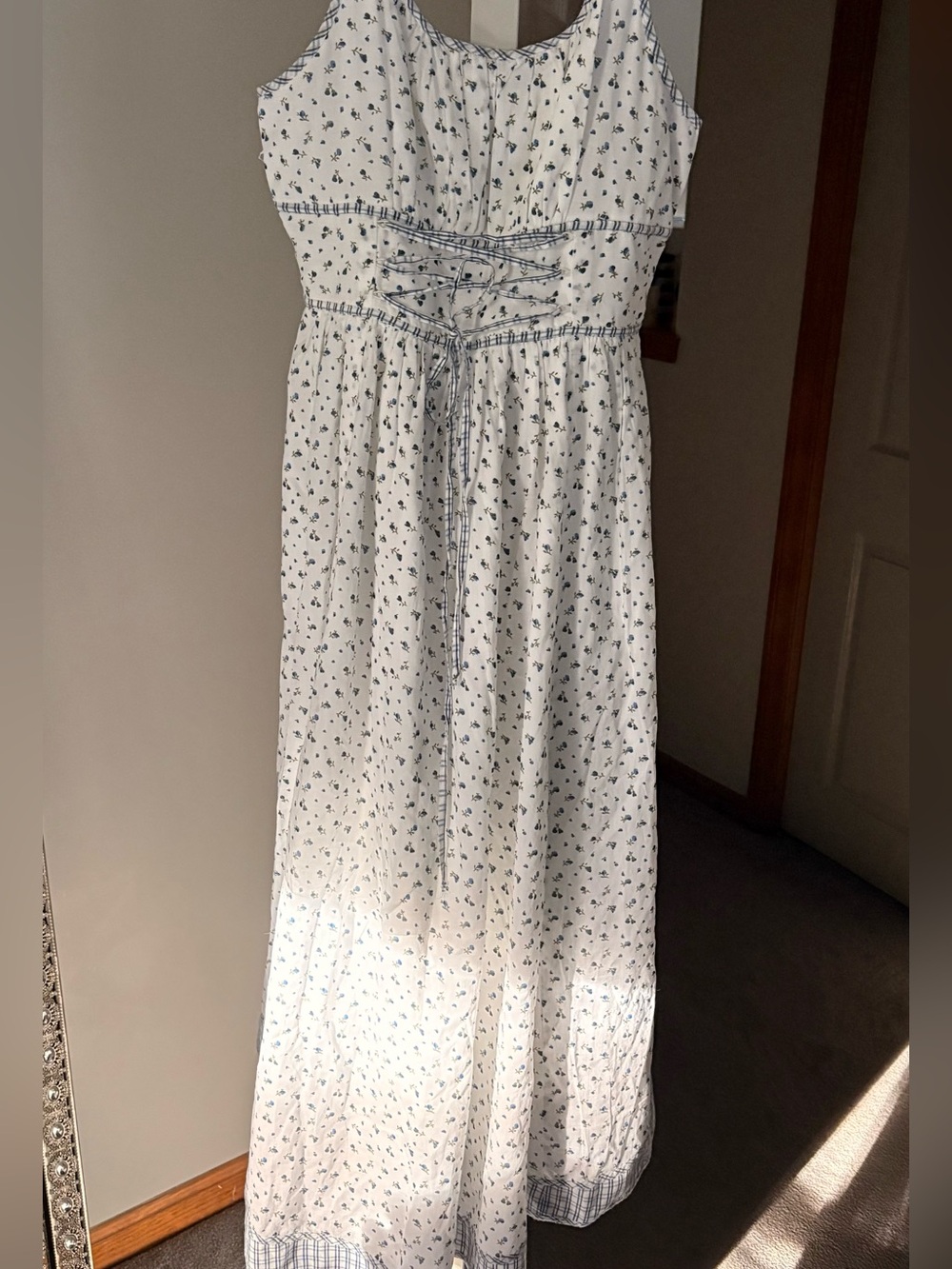 100% Cotton White & Blue Floral Midi/Maxi Dress with Tie-Waist